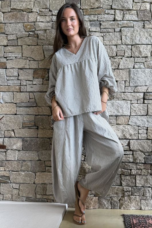 Arbi Gingham Peasant Smock Blouse Mocha